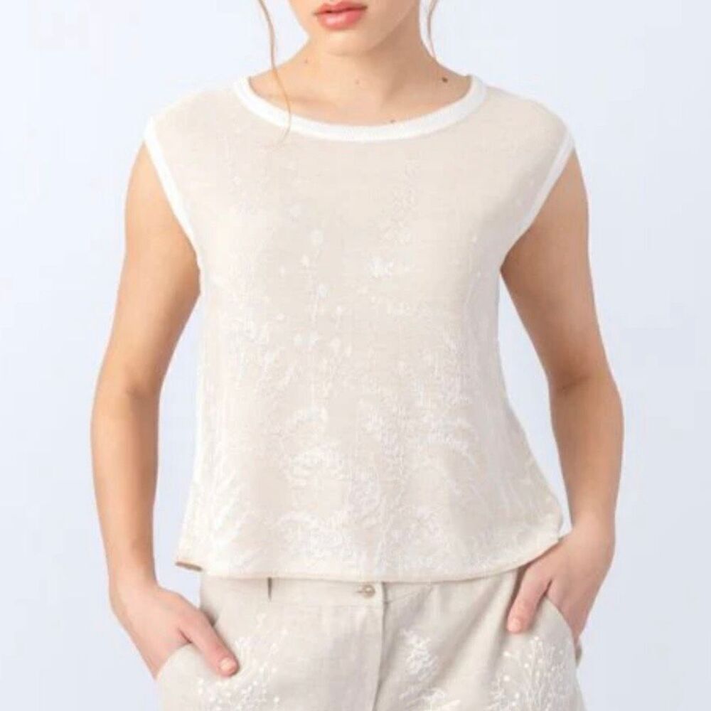 IVKO Woman Brocade Pullover Shadow Pattern Cream Sleeveless